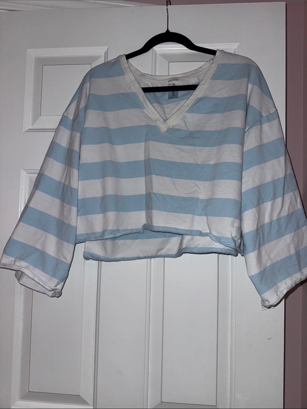 Altar'd State Light Blue and White Striped Cropped V-Neck Top